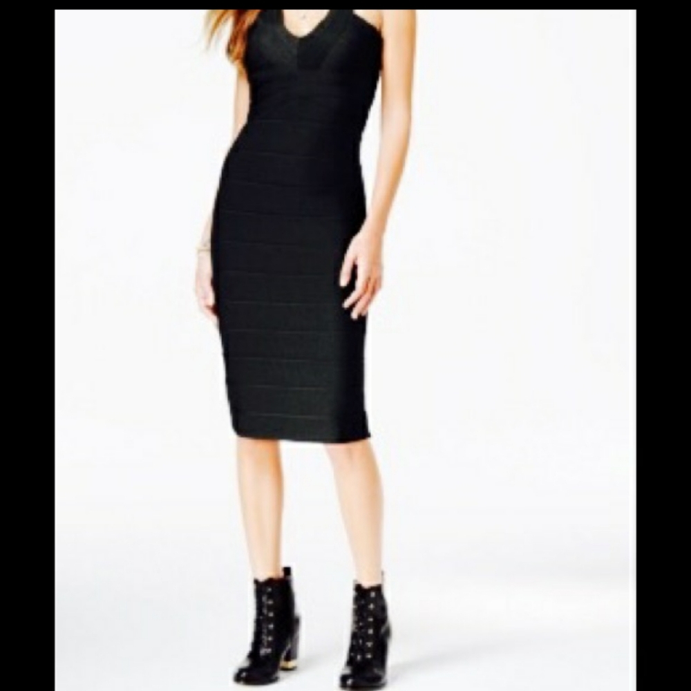 Material Girl Black V Neck Sleeveless Bandage Midi Dress